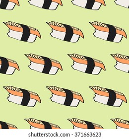 Nigiri sushi sketch. Seamless pattern with hand-drawn cartoon japanese food icon - sushi with eel. Doodle drawing. Vector illustration - swatch inside