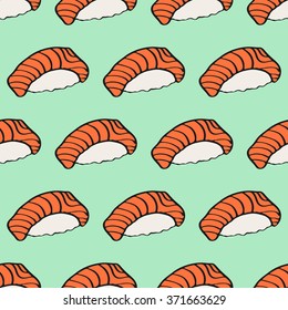 Nigiri sushi sketch. Seamless pattern with hand-drawn cartoon japanese food icon - sushi with salmon. Doodle drawing. Vector illustration - swatch inside