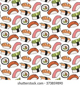Nigiri sushi sketch. Seamless pattern with hand-drawn cartoon japanese food icon - sushi with fish and avocado. Doodle drawing. Vector illustration - swatch inside