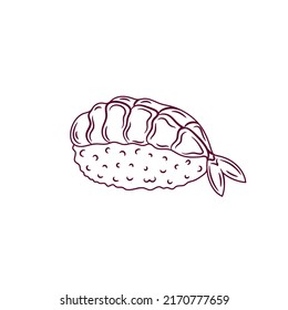Nigiri sushi species. Engraving sketch style illustrations. Isolated line sushi on white background. Japanese food menu design elements. Vector illustration
