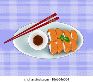 Nigiri is a type of sushi that is relatively simple. This type of sushi is only made from vinegar rice topped with pieces of raw seafood such as salmon, tuna, squid, octopus, or shellfish.