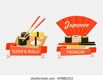 Nigirizushi and temaki sushi rolls banners or logo for restaurant or kitchen cook. Japanese wooden chopsticks with ribbon saying premium. Traditional japan cuisine or cook