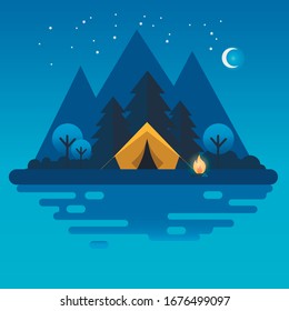 Nigt camp at summer  flat illustration