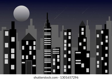 Nigt city illustration. Skyscrapers and full moon. Vector cityscape. EPS10.