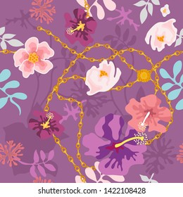 Nigtfall summer garden. Seamless vector pattern with tropical flowers and golden chains. Vintage textile collection. On purple background.