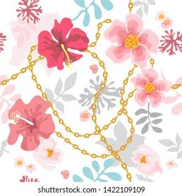 Nigtfall summer garden. Seamless vector pattern with tropical flowers and golden chains. Vintage textile collection. On white background.