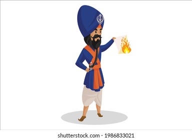Nihang sardar está quemando papel. Ilustración gráfica vectorial. Individualmente sobre un fondo blanco.