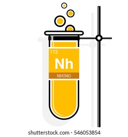 Nihonio symbol - Nihonium in Spanish language - on label in a yellow test tube with holder. Element number 113 of the Periodic Table of the Elements - Chemistry
