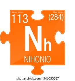 Nihonio symbol - Nihonium in Spanish language - Element number 113 of the Periodic Table of the Elements - Chemistry - Puzzle piece with orange background