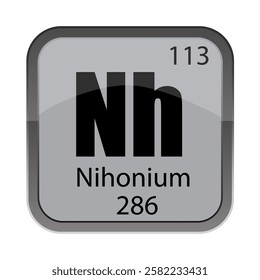 Nihonium element icon. Symbol Nh detail. Number 113 mention. Mass 286 highlight.