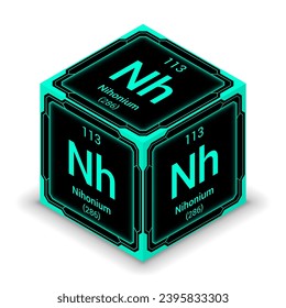 Nihonium (Nh) (113) - Fundamental Element Futuristic Cybernetic Cube Block Isometric View, Icon Isolated White Background, Periodic Table, Chemical Symbol, Name, Atomic Mass, Atomic Number