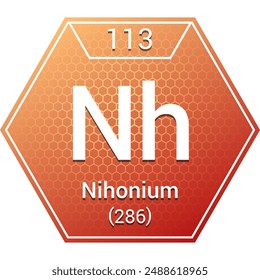 Nihonium (Nh) (113) Post-Transition Metal - Fundamental Chemical Element, Periodic Table in Chemistry Symbol, Name, Atomic Mass, Number, Chemistry Hexagon Logo Icon Design, White Background