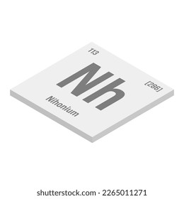 Nihonium, Nh, gray 3D isometric illustration of periodic table element with name, symbol, atomic number and weight. Synthetic element with very short half-life, created through nuclear reactions in a