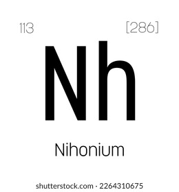 Nihonium, Nh, periodic table element with name, symbol, atomic number and weight. Synthetic element with very short half-life, created through nuclear reactions in a laboratory.