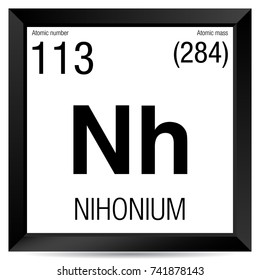 Nihonium symbol. Element number 113 of the Periodic Table of the Elements - Chemistry - Black square frame with white background