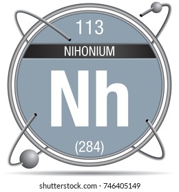 Nihonium symbol  inside a metal ring with colored background and spheres orbiting around. Element number 113 of the Periodic Table of the Elements - Chemistry 