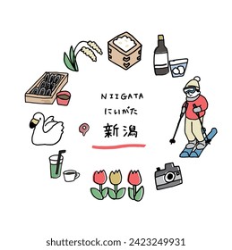 Niigata prefecture hand drawn cute icon set Translation “Niigata prefecture in Japan”