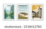 Nijmegen, Netherlands, Ninh Binh, VietNam, North Wessex Downs, AONB - Vintage travel poster. Vector illustration