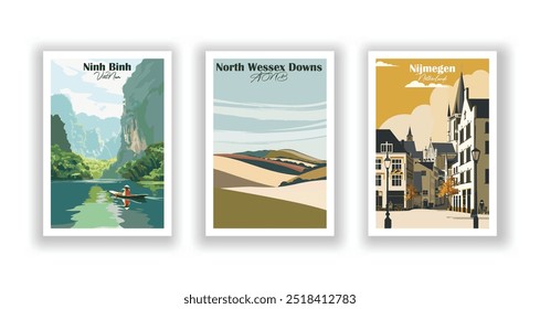 Nijmegen, Países Bajos, Ninh Binh, Viet Nam, North Wessex Downs, AONB - cartel de viaje de Antiguas. Ilustración vectorial