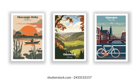 Nijmegen, Países Bajos. Odenwald, Alemania. Delta del Okavango, Botsuana - Juego de 3 Carteles de Viajes Vintage. Ilustración vectorial. Impresiones de alta calidad