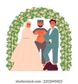 Nikah ceremony flat concept vector spot illustration. Young muslim couple making wedding vows in front of imam 2D cartoon characters on white for web UI design. Isolated editable creative hero image