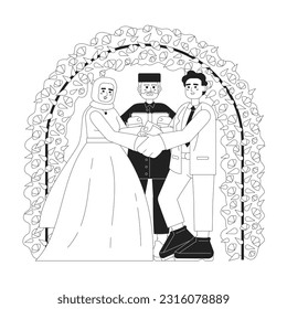 Nikah ceremony monochrome concept vector spot illustration. Young muslim couple making wedding vows with imam 2D flat bw cartoon characters for web UI design. Isolated editable hand drawn hero image