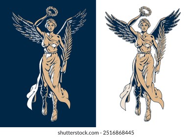 Diosa de la victoria de Nike con una corona de laurel y una rama de palma aislada sobre un fondo blanco. Antiguo símbolo romano y griego de victoria, paz y éxito, joven mujer. Ilustración vectorial.