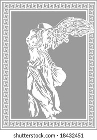 Nike illustration on decorative Greek frame. Ancient art vector template.