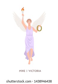 Nike or Victoria - deity or goddess of victory from ancient Greek and Roman religion or mythology. Female mythological character with wings holding torch and wreath. Flat cartoon vector illustration.