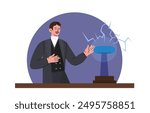 Nikola Tesla concept. Man in suit with electrical device and invention. Famous scientist conduct physical experiments. Electrical engineering. Flat vector illustration isolated on white background