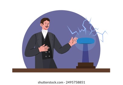 Nikola Tesla concepto. Hombre en traje con dispositivo eléctrico e invención. Científicos famosos realizan experimentos físicos. La ingeniería eléctrica. Ilustración vectorial plana aislada sobre fondo blanco