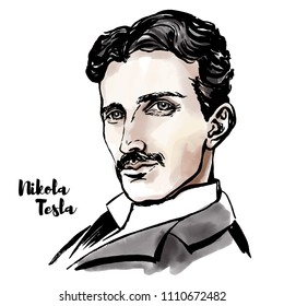 Nikola Tesla watercolor vector portrait with ink contours. Serbian-American inventor, electrical engineer, mechanical engineer, physicist, and futurist.