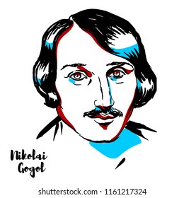 Nikolai Gogol engraved vector portrait with ink contours. Russian dramatist of Ukrainian origin.