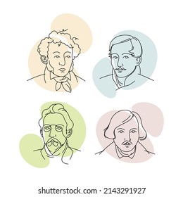 Nikolai Gogol, Mikhail Lermontov, Alexander Pushkin, Anton Chekhov. Stylized Portraits of russian, famous writers. Vector portraits. Funny portraits of writers.