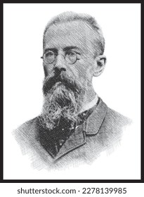 Nikolai Rimsky-Korsakov portrait bust pen sketch illustration. Russian musician, composer and music educator. Poster, Wall Decoration, Postcard, Social Media Banner, Brochure Cover Design Background. 