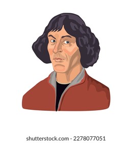 Nikolas Copernicus (1473 - 1543). Catholic bishop in the Ermland fiefdom of Royal Prussia, scientist engaged in mathematics, astronomy and cartography in his spare time. Vector illustration portrait.