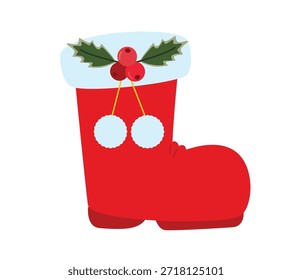 Bota Nikolaus con acebo y pompones. Ilustración de Navidades de Vector plano de zapato de vacaciones rojo con adornos blancos, perfecto para decoraciones festivas, tarjetas o empaques de temporada.