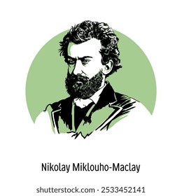 Nikolay Miklouho-Maclay was a Russian ethnographer, anthropologist, biologist and traveler who studied the indigenous populations of Southeast Asia, Australia and Oceania. Hand drawn vector illustrati