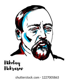 Nikolay Nekrasov engraved vector portrait with ink contours. Russian poet, writer, critic and publisher.