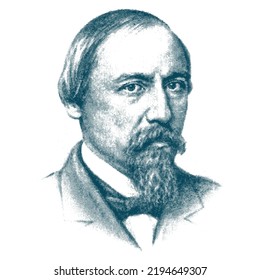 Nikolay Nekrasov engraved vector portrait. Russian poet, writer, critic and publisher.