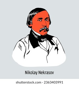 Nikolay Nekrasov is a Russian poet, prose writer and publicist. He is a classic of Russian literature. Hand-drawn vector illustration.