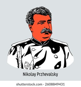 Nikolay Przhevalsky was a Russian traveler, geographer and naturalist. During his expeditions he studied Mongolia, Northern China and Tibet. Hand-drawn vector illustration