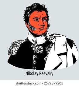 Nikolay Raevsky - Russian military leader, hero of the Patriotic War of 1812, cavalry general. Hand drawn vector illustration