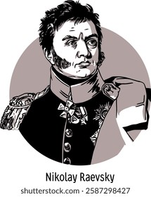 Nikolay Raevsky - Russian military leader, hero of the Patriotic War of 1812, cavalry general. Hand drawn vector illustration