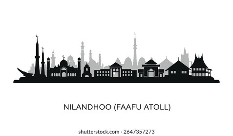 Nilandhoo Atoll Skyline with Maldives, and Black Silhouette.
