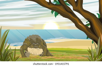 Nile crocodile Crocodylus niloticus walks along the river bank into the tropics with branched trees and other plants. Realistic vector landscape