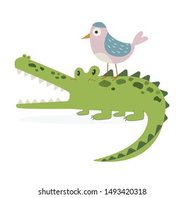 Nile crocodile and Egyptian plover vector illustration cartoon isolated on white background. Crocodile and bird vector cartoon. 