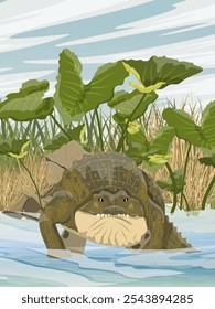 Nile crocodile enters into a lake with tropical plants on the shore. Realistic vertical vector landscape