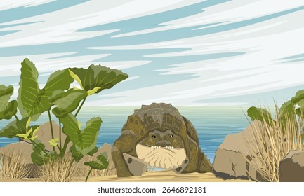 Nile crocodile enters into a lake with tropical plants on the shore. Realistic vector landscape