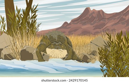 El cocodrilo del Nilo entra en el agua. Estanque a los pies de las montañas. Paisaje vectorial realista